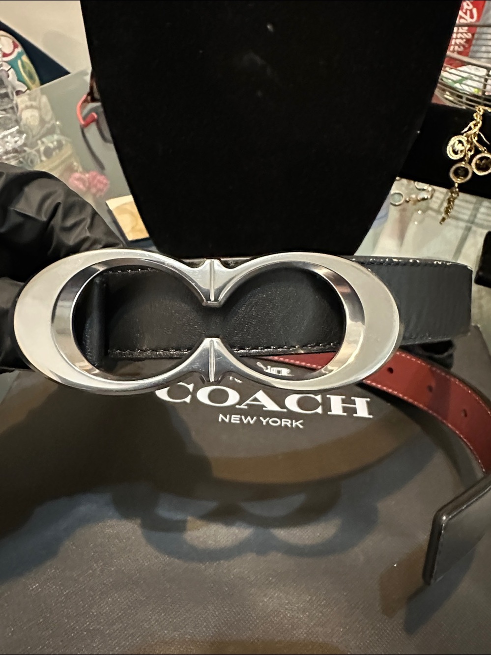 Coach women’s Black Belt with Burgundy Interior and Silver Double-Gear Buckle